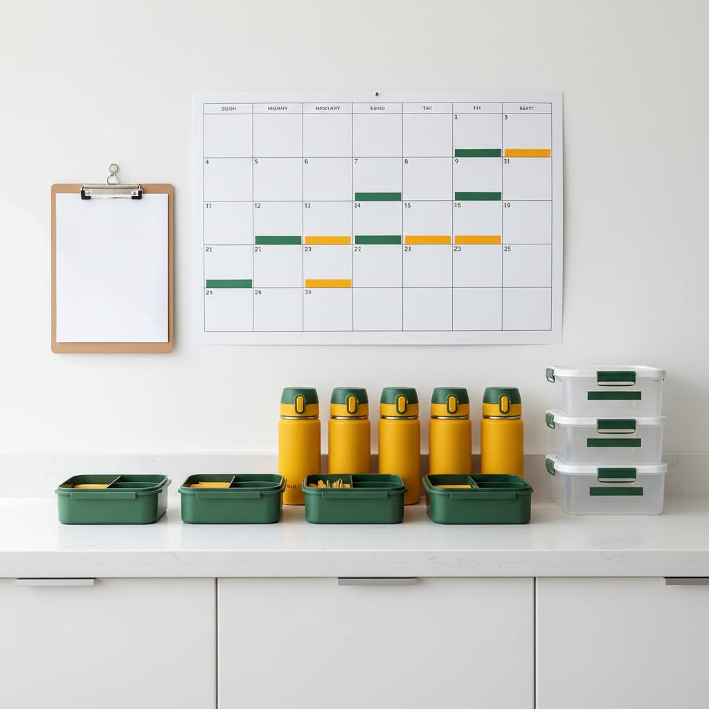 A big-family command center: a wall calendar grid, clipboard with meal plan sheets, labeled bins and a row of five lunchboxes on a counter